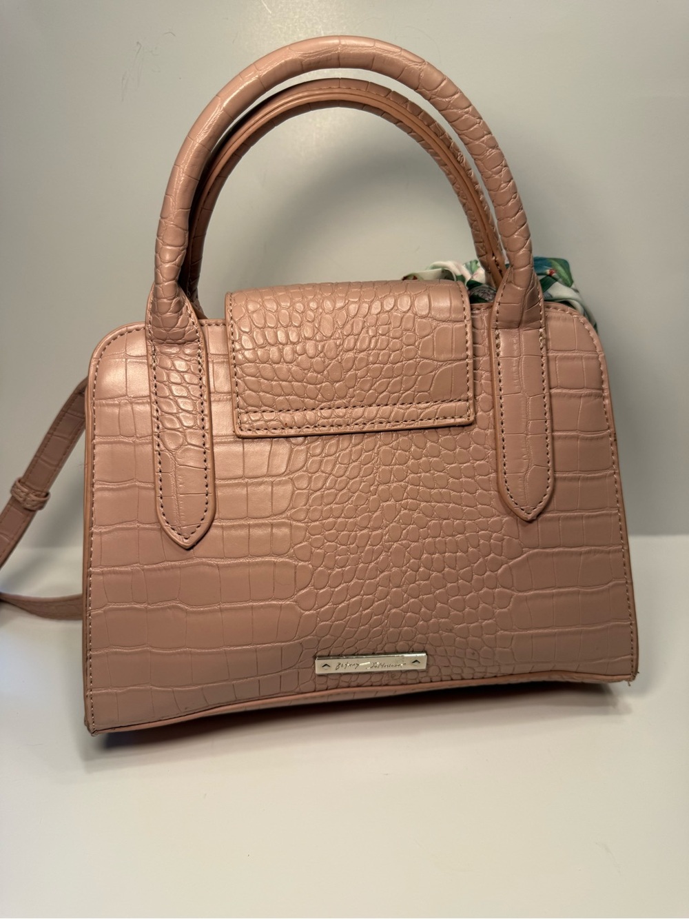 Betsey Johnson Light Pink Croc Embossed Crossbody Double Handle Bag Scarf